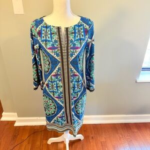 Laundry by Shelli Segal Size 4 Blue Geometric Sheath Dress 3/4 Sleeve Stretch